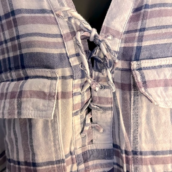 SO 🌲 BLUE/PURPLE PLAID COTTON BLEND LONG SLEEVE LACE-UP TUNIC TOP Women’s XXL - Picture 3 of 9